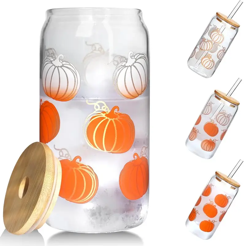 ANOTION Gift 18OZ Fall Glass Cups - Color Changing Cups with Lids and Straws Unique Iced Coffee Cup with Pumpkin Decor Tumbl...
