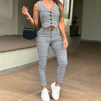 ChicMe Women's 2 Pieces Plaid Print V Neck Button Front Sleeveless Tank with Lining and Casua Strechy Waist Pocket Design Sli...