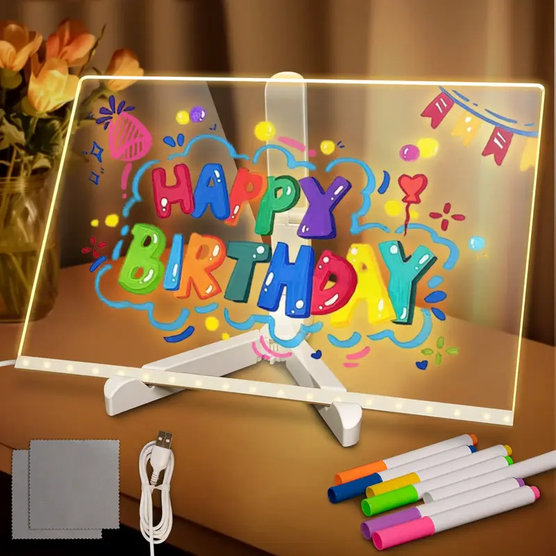 LED Message Board with 7 Pens Acrylic Light-Up Board for Desk/Class/Home - Dry Erase Gift w/Base & Markers for Teachers, Frie...