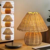 Boho Rattan Nightstand Dimmable Table Lamp - Handwoven Bamboo Light with 3-Color Dimming, Wood Base & USB Port for Bedside Ta...