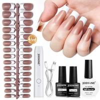 JODSONE 150PCS Pink French Press On Nails Kit Gel Nail Tips Kit Extension Kit Nail Glue Gel Base and Top Coat Handheld Nail L...