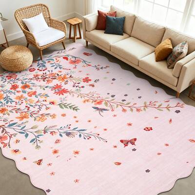 Garvee Large Floral Area Rugs 10x13 Pink Non Slip Washable Scalloped Low Pile Stain Resistant for Living Room Bedroom Nursery...