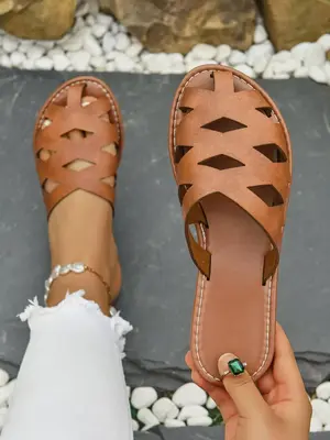 Women's Fashionable Plain Color Hollow Out Design Flat Sandals, Casual Comfortable Breathable Beach Sandals, Summer Barefoot ...