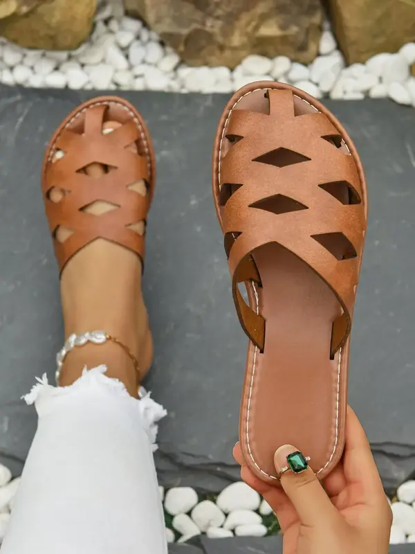 Women's Fashionable Plain Color Hollow Out Design Flat Sandals, Casual Comfortable Breathable Beach Sandals, Summer Barefoot ...