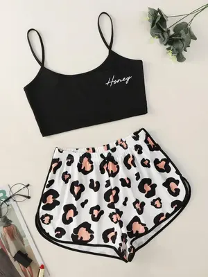 Two-Piece Set Women's Leopard Print Pyjama Set, Fashion Sleeveless Cami Top & Elastic Waist Shorts, Women's Cute Sleepwear Lo...