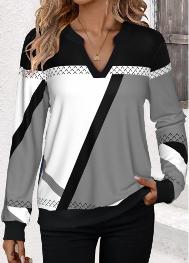 Modlily Black Patchwork Geometric Print Split Neck Sweatshirt - XL