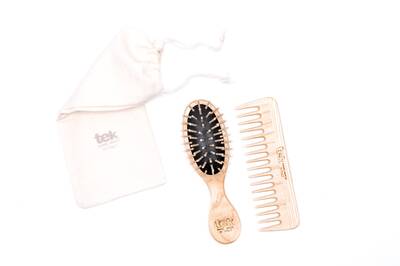 Tek - Mini Wooden Hair Brush & Comb Kit | With Natural Cotton Pouch
