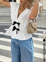 Women's Plain Bow Decor Blouse, Casual Minimalist Top for Summer, Women's Clothing for Daily Wear, Womenswear