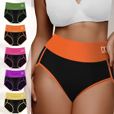 5 pieces of Women's Breathable High-Waist Seamless Underwear, Comfortable Soft Stretch Panties with Tummy Control, Multi