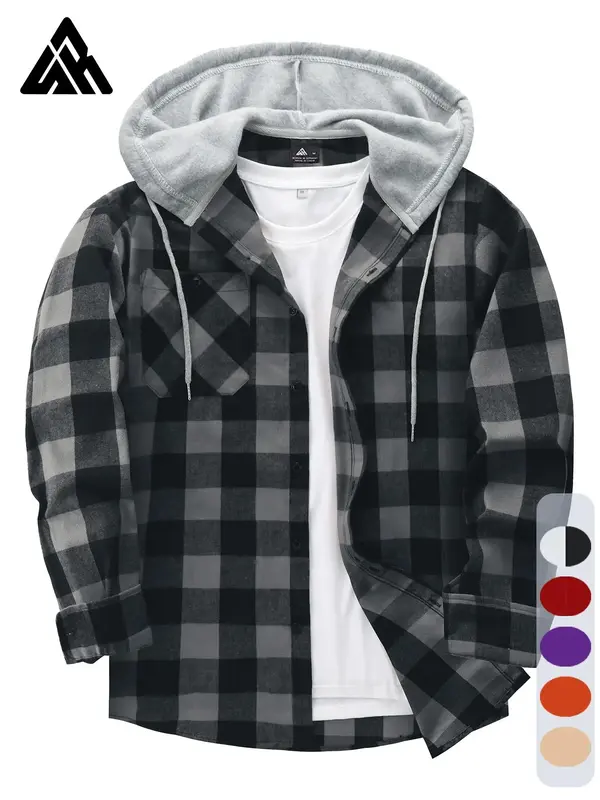 Men's Plaid Print Button Front Drawstring Hooded Shirt, Regular Fit Casual Long Sleeve Pocket Top for Daily Wear, Men's Cloth...
