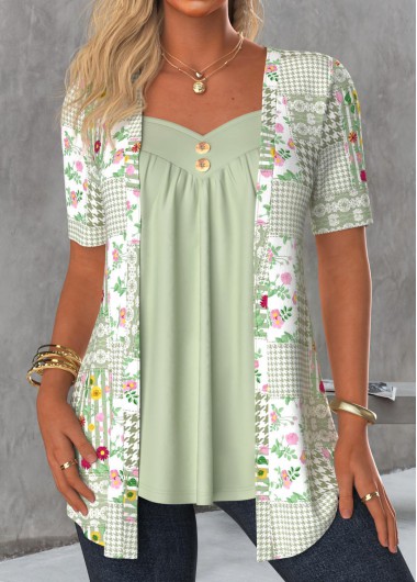 Modlily Sage Green Floral Print Fake Two Piece Twinset - M