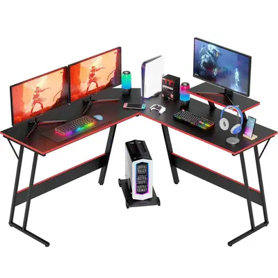 Corner Computer Desk Game Table,L Shaped,Gaming Desk with Large Monitor Stand & Carbon Fiber Surface, Home Office Study Writi...