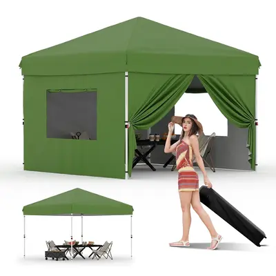 Garvee 10'x10' Pop Up Canopy with 4 Sidewalls Easy Up Camping Tent with One Button Push Setup - 1 Roller Bag, 3 Adjustable He...