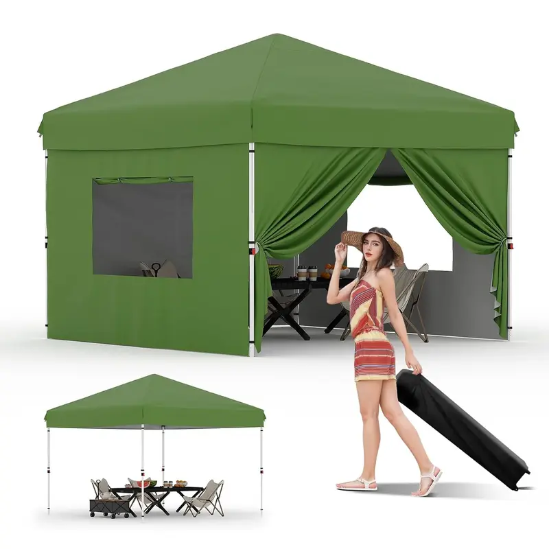 Garvee 10'x10' Pop Up Canopy with 4 Sidewalls Easy Up Camping Tent with One Button Push Setup - 1 Roller Bag, 3 Adjustable He...