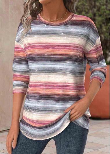 Modlily Plus Size Multi Color Striped Long Sleeve T Shirt - 3X
