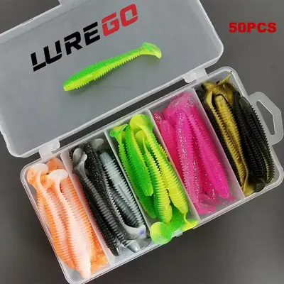 Threaded Soft Fishing Lure, 50pcs Artificial Bait With T Tail, Paddle Tail Swimbait for Trout, Catfish, Salmon, Freshwater a...