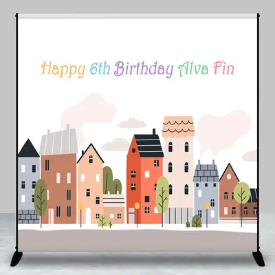 Custom Cartoon Building 6th Happy Birthday Backdrop - Aperturee