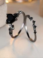 Punk Gothic Style Leaf Design Ring, with Heart Shaped Rhinestone Decor Promise Ring, Gifts for Wife, 2 Counts Vintage Ring f...