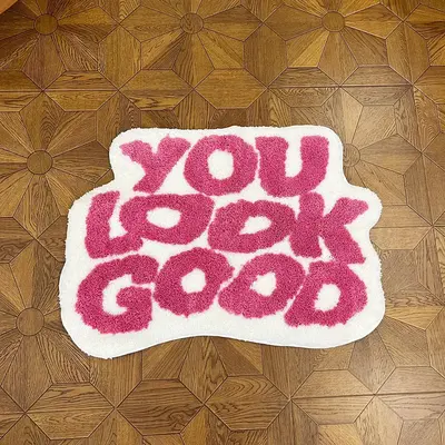 YOU LOOK GOOD Letter Slogan Pattern Plush Rug, 1 Count Special Shaped Floor Mat, Decoration Rugs for Home Bedroom Living Room...