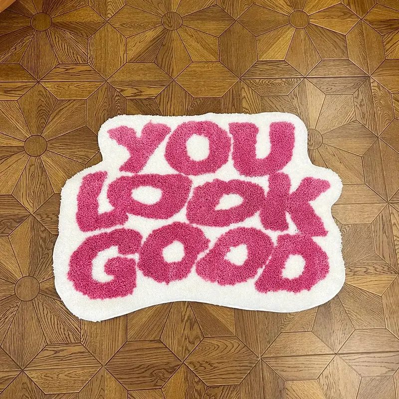 YOU LOOK GOOD Letter Slogan Pattern Plush Rug, 1 Count Special Shaped Floor Mat, Decoration Rugs for Home Bedroom Living Room...