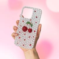 Full Pearl Bling Cherry Phone case Compatible with 16 15 13 12 11 pro max 14 15 16 plus with chain Smartphone Protector junk ...
