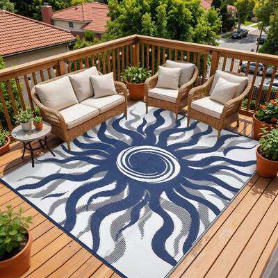 Garvee Outdoor Rug 8x10 Waterproof Patio Rug with Boho Sun Pattern, Reversible, UV-Resistant, Plastic Straw, Lightweight & Po...