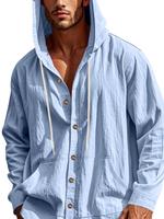Men's Solid Color Button Closure Hooded Shirt, Casual Loose Long Sleeve Top for Summer, Fashion Men's Clothes for Daily Wear,...