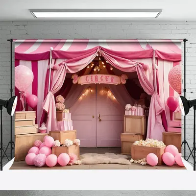 Pink Circus Tent Balloons Box Birthday Backdrop - Aperturee