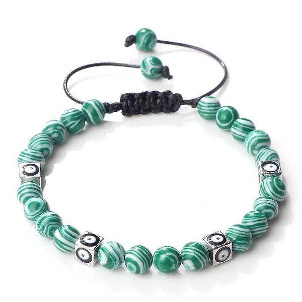Trendy Ethnic Style Cube Evil Eye & Round Dyd Synthetic Turquoise Beaded Stretch Bracelets