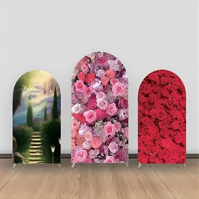 Pink Red Floral Green Tree Stair Arch Backdrop Kit - Aperturee