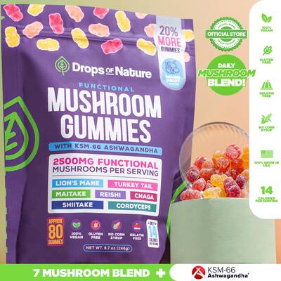 Drops Of Nature Ashwagandha KSM-66, Reishi, Lions Mane, Shiitake, Cordyceps, Turkey Tail, Maitake, Chaga Supplement Gumm