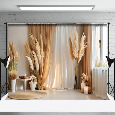 Aperturee Beige White Curtain Bedroom Boho Photography Backdrop