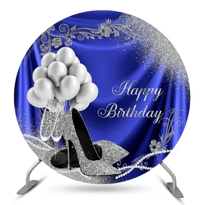 Aperturee Balloon Heel Blue Silver Round Birthday Backdrop | Birthday Round Backdrop Cover | Circular Birthday Backdrop Cover...