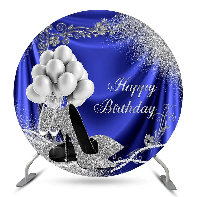 Aperturee Balloon Heel Blue Silver Round Birthday Backdrop | Birthday Round Backdrop Cover | Circular Birthday Backdrop Cover...