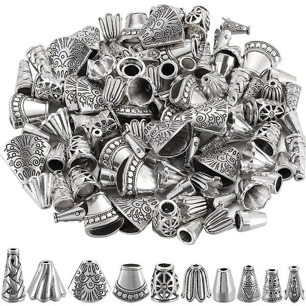100Pcs 10 Styles Tibetan Style Alloy Beads Cone