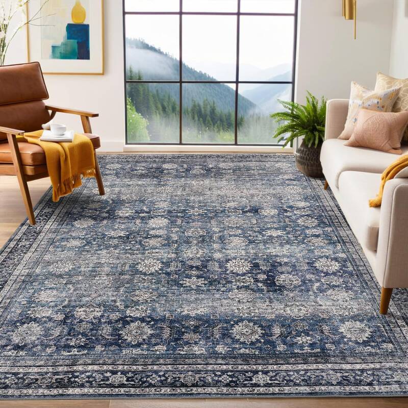 Garvee Oriental Retro Blue 4x6 Washable Vintage Rugs, Non-Slip Low Pile Pearl Velvet Polyester Floral Print Foldable for Livi...