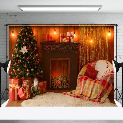 Aperturee Soft Sofa Indoor Fireplace Trees Christmas Backdrop - Aperturee