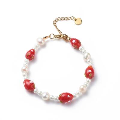 3D Lampwork Strawberry & Shell Pearl Beaded Bracelet for Women
