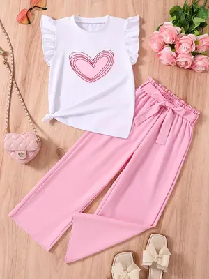 Toddler Girl's Heart Print Tee & Belted Pants Two-piece Set, Casual Round Neck T-shirt & Trousers for Summer, Kids Clothes fo...