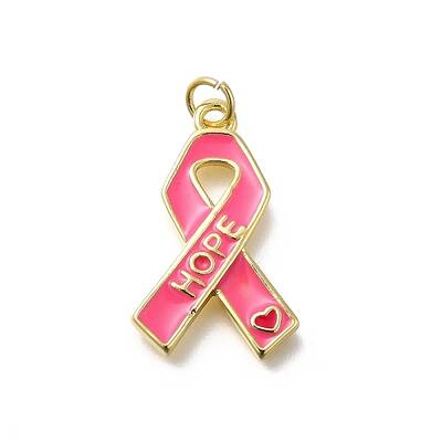 October Breast Cancer Pink Awareness Ribbon Brass Enamel Pendants