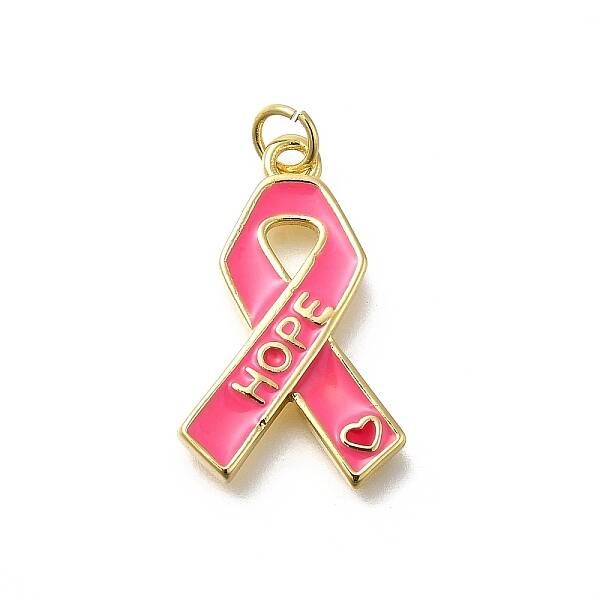 October Breast Cancer Pink Awareness Ribbon Brass Enamel Pendants