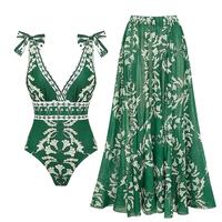 FLAXMAKER Women's v-neck Green Print One Piece Swimsuit and Matching Cover Skirt Set Summer Swimdress tummy control women sty...