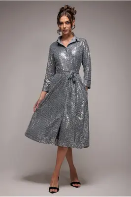 Goddiva Sequin Skater Shirt Dress - Silver