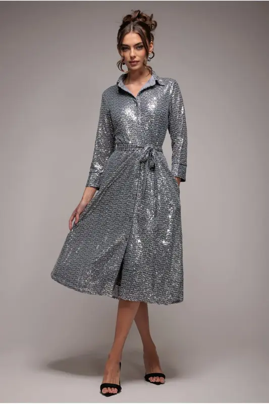Goddiva Sequin Skater Shirt Dress - Silver