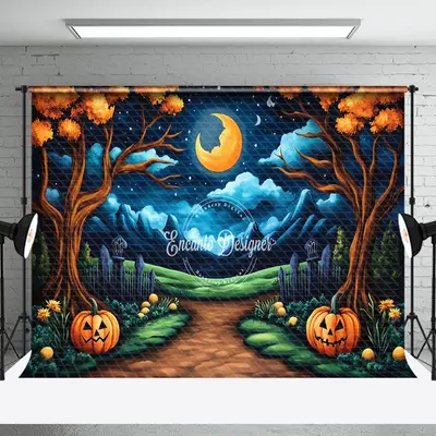 Aperturee Dark Moon Night Pumpkin Trees Halloween Backdrop - Aperturee