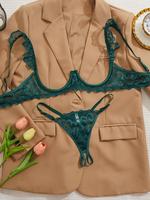 Women's Lace Sexy Lingerie Set, Elegant Open Bust Underwire Spaghetti Strap Adjustable Bra & Open Crotch Design Thong Set for...