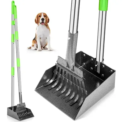 Stainless Steel Dog Pooper Scooper with Long Handle, Tray, and Rake for Medium and Small Dogs