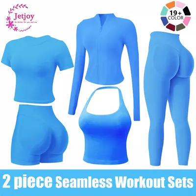 Jetjoy 2 Piece Workout Sets for Women, Long or Short Sleeve T Shirt Tank Top + Workout Shorts Butt Lifting Gym Seamless Booty...