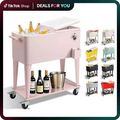 Outvita 80 Quart Rolling Ice Chest, Portable Bar Beverage Cooler with Catch Basin, Bottom Storage Tray and Bottle Opener for ...