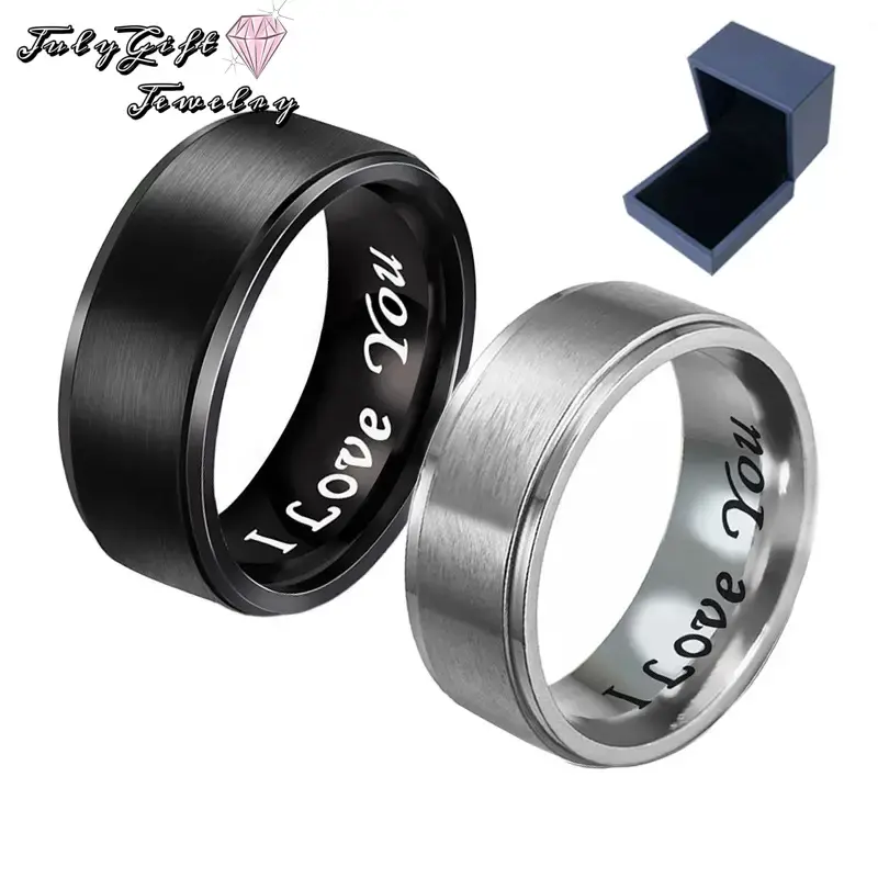 6mm/8mm Stainless Steel Ring Black/Silver Plated Matte Finish&Polished Beveled Edge with Laser Etched I Love You